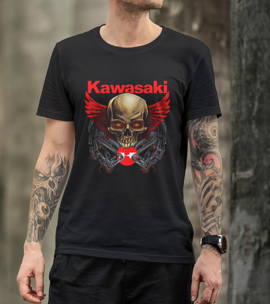 Kawasaki Red Winged Skull And Chains T-Shirt