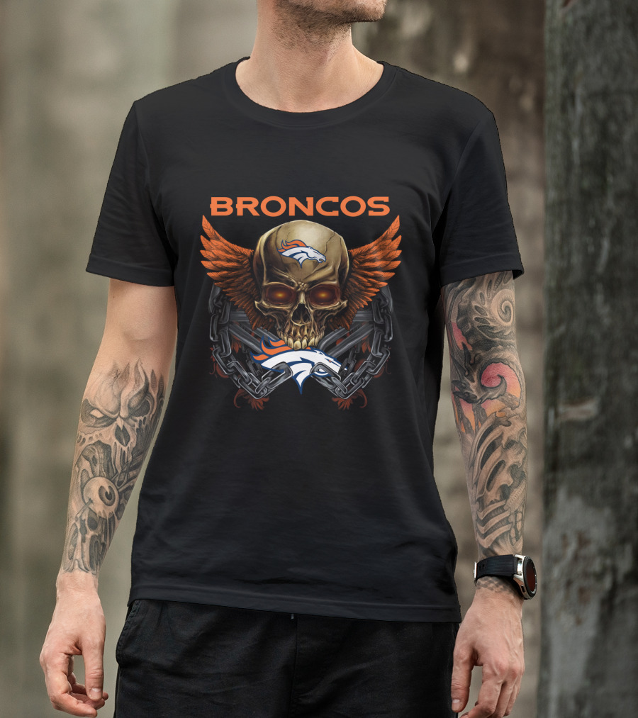 Broncos Skull Winged Logo With Chain And Horsehead T-Shirt