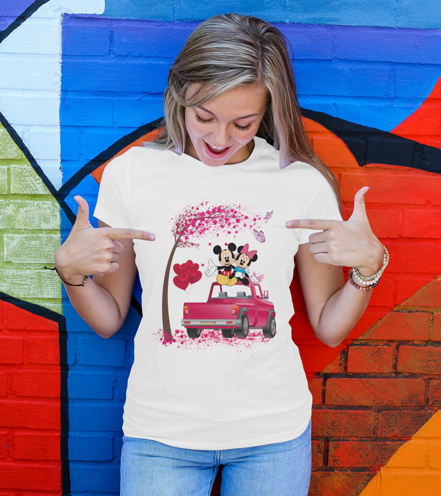 Mickey Minnie Mouse Red Truck Pink Heart Balloons T-Shirt
