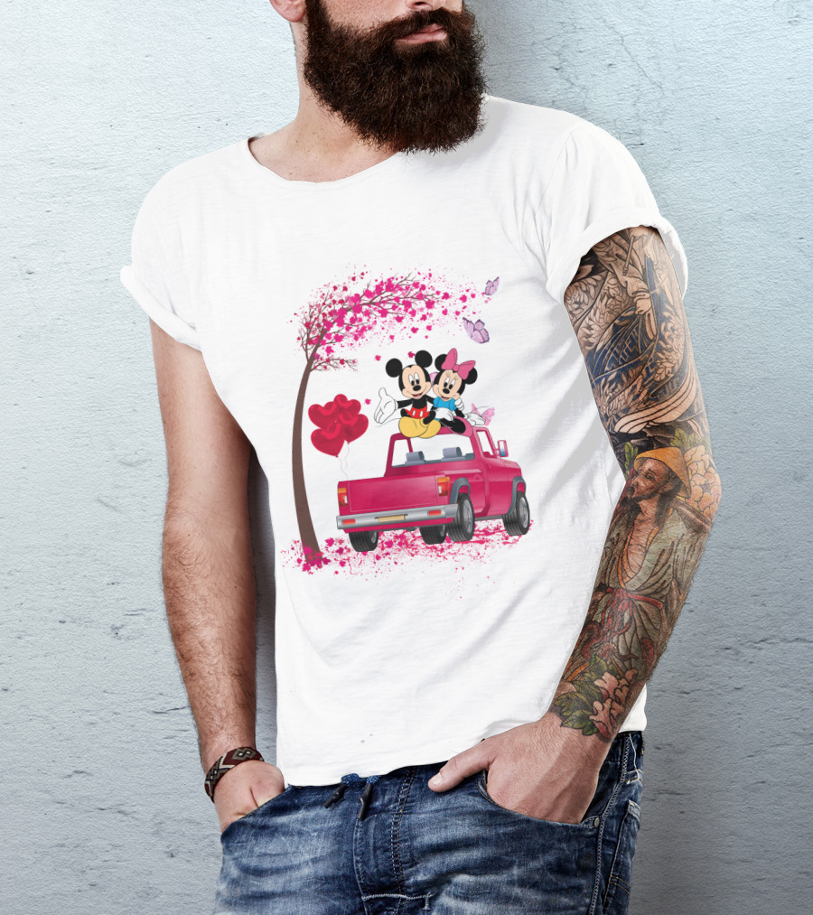 Mickey Minnie Mouse Red Truck Pink Heart Balloons T-Shirt