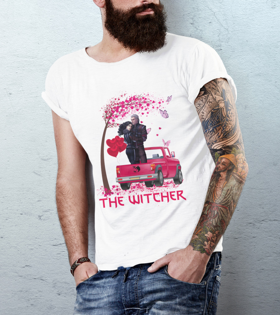 The Witcher Romantic Scene With Hearts And Butterflies T-Shirt