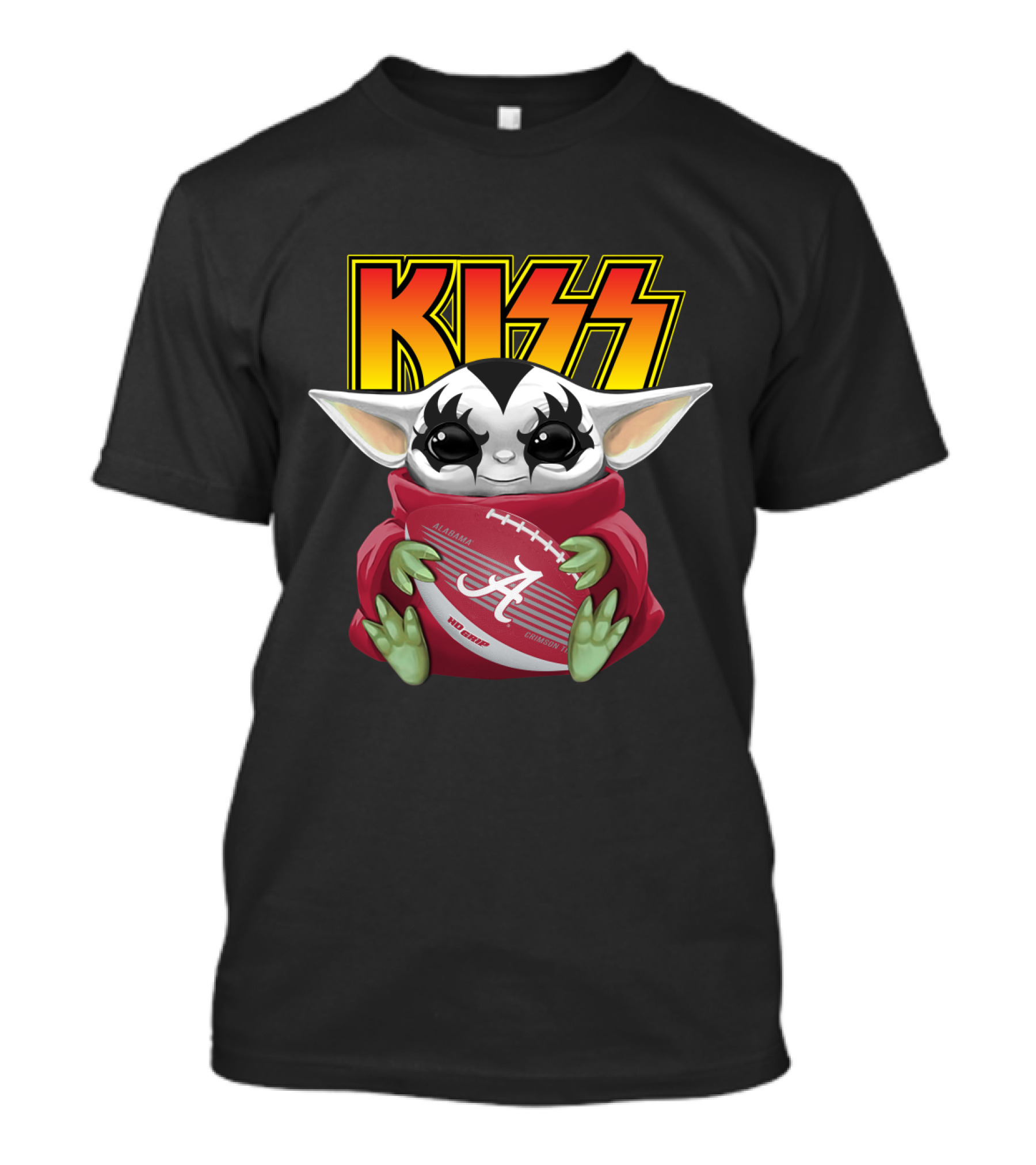 KISS Gene Simmons Baby Yoda Holding Alabama Crimson Tide Football T-Shirt