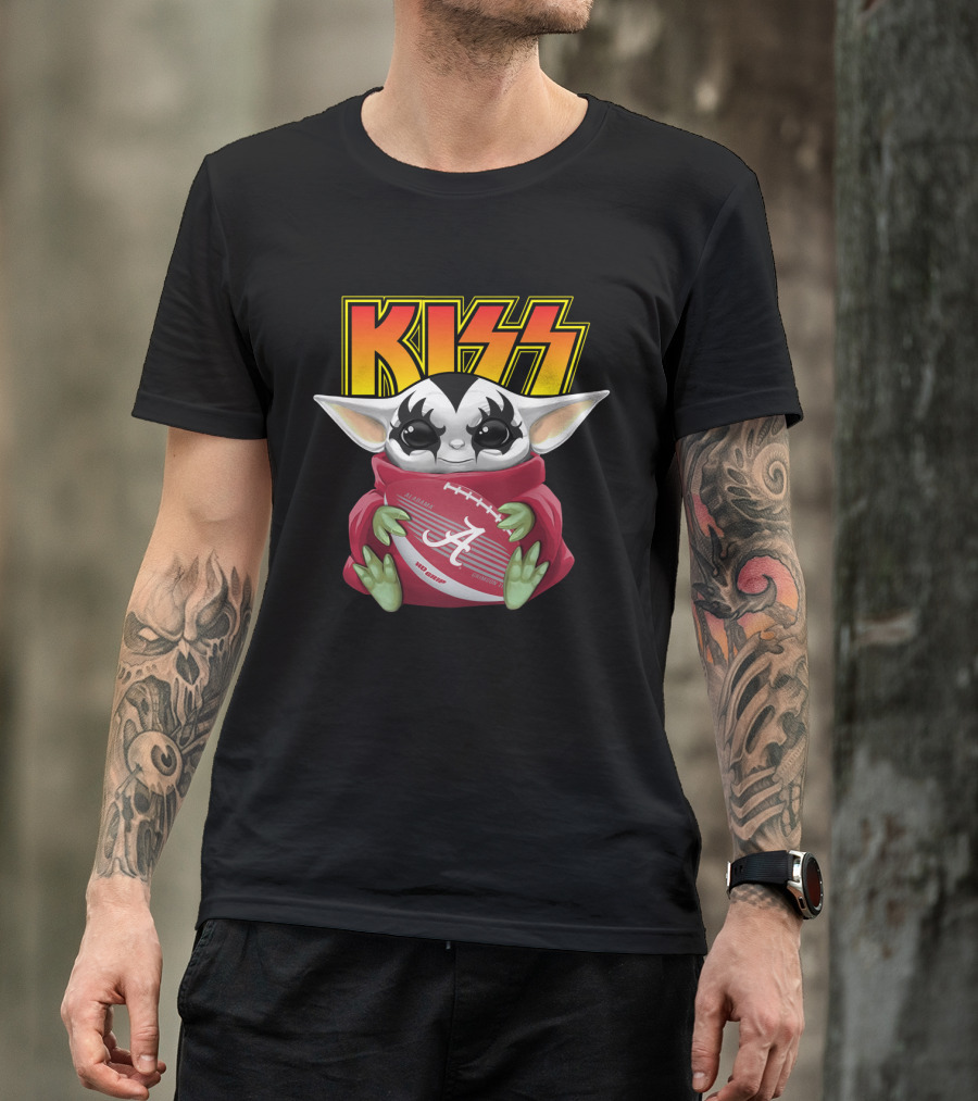KISS Gene Simmons Baby Yoda Holding Alabama Crimson Tide Football T-Shirt