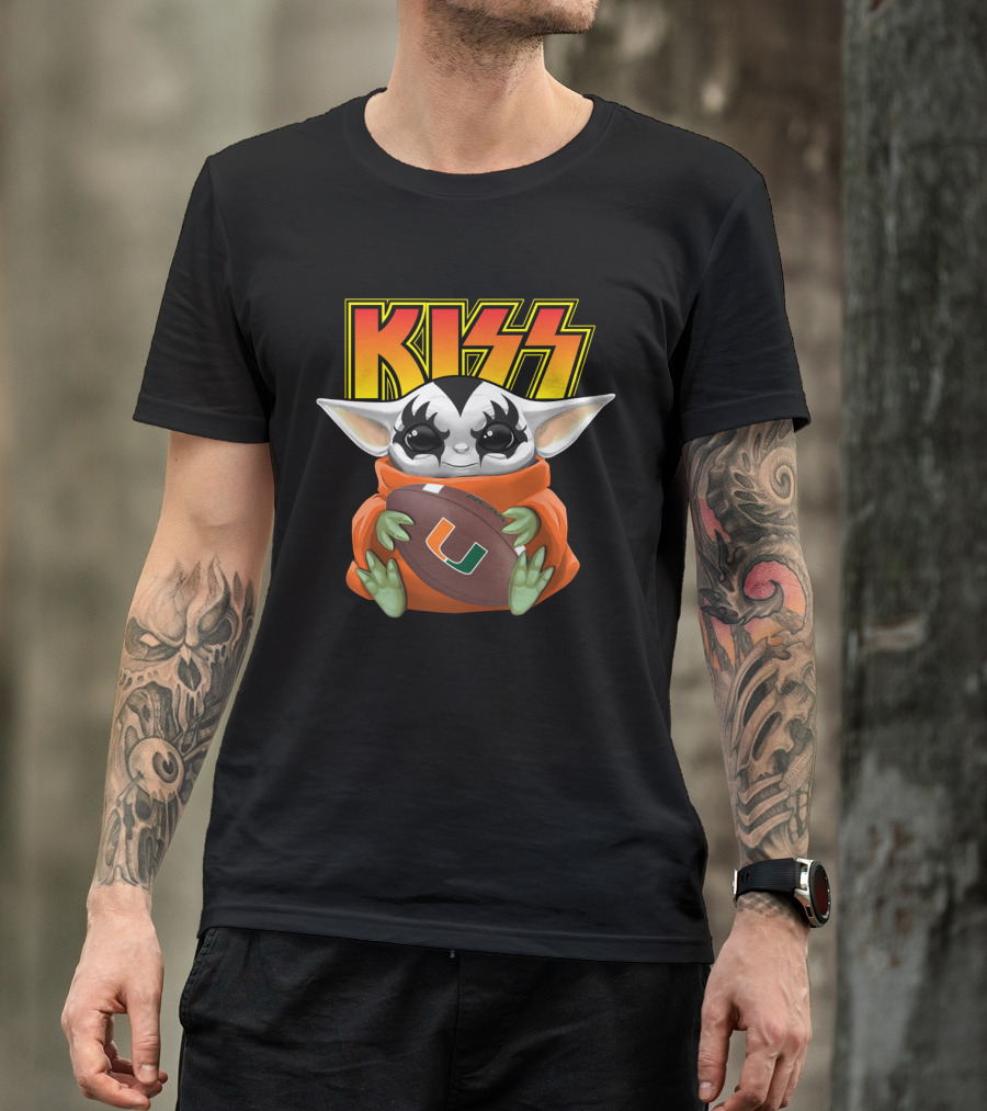 Kiss Baby Yoda Miami Hurricanes Football T-Shirt