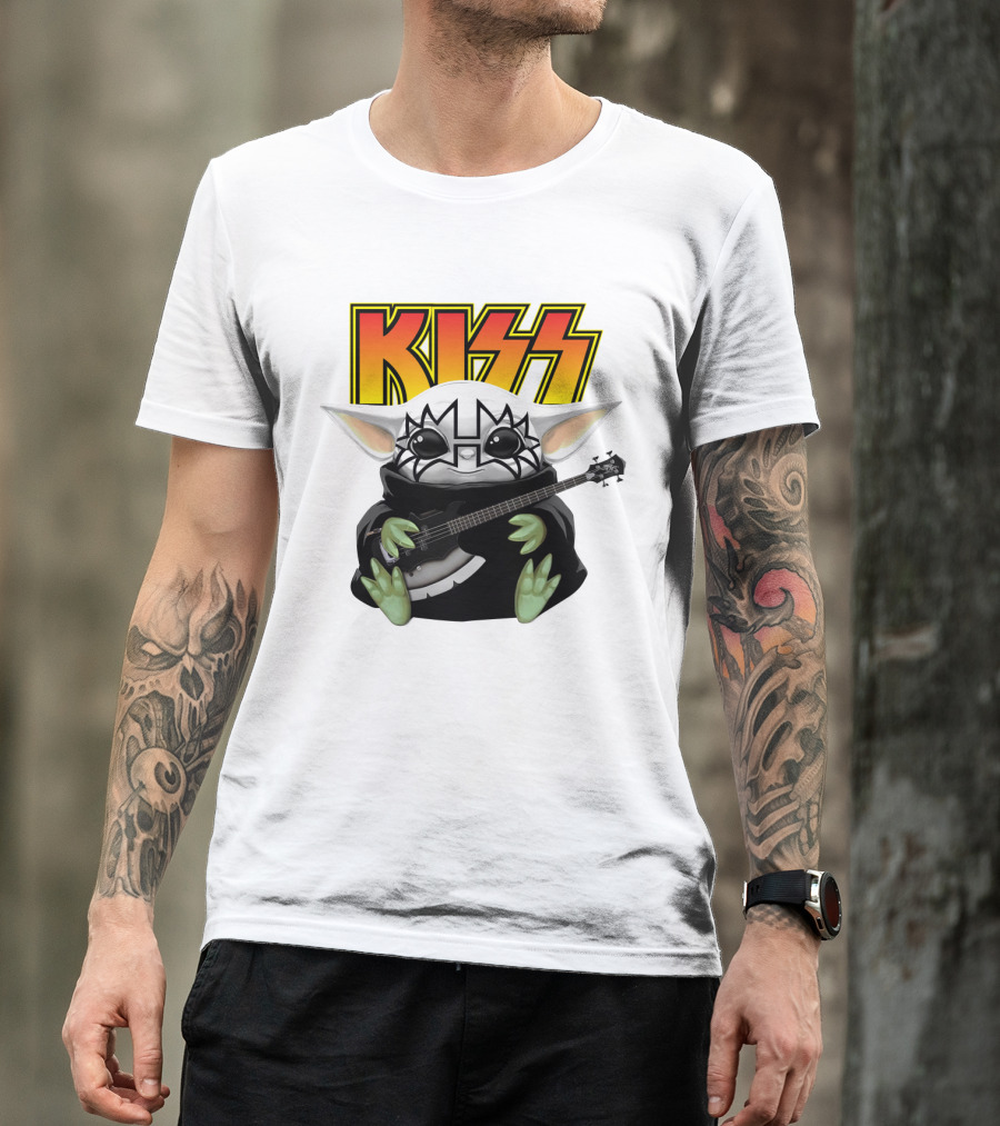 KISS Baby Yoda With Guitar In Tommy Thayer Makeup T-Shirt