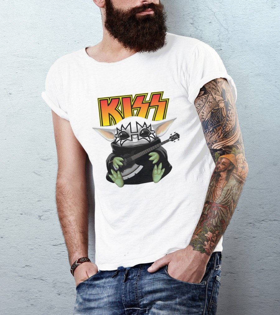 KISS Baby Yoda With Guitar In Tommy Thayer Makeup T-Shirt