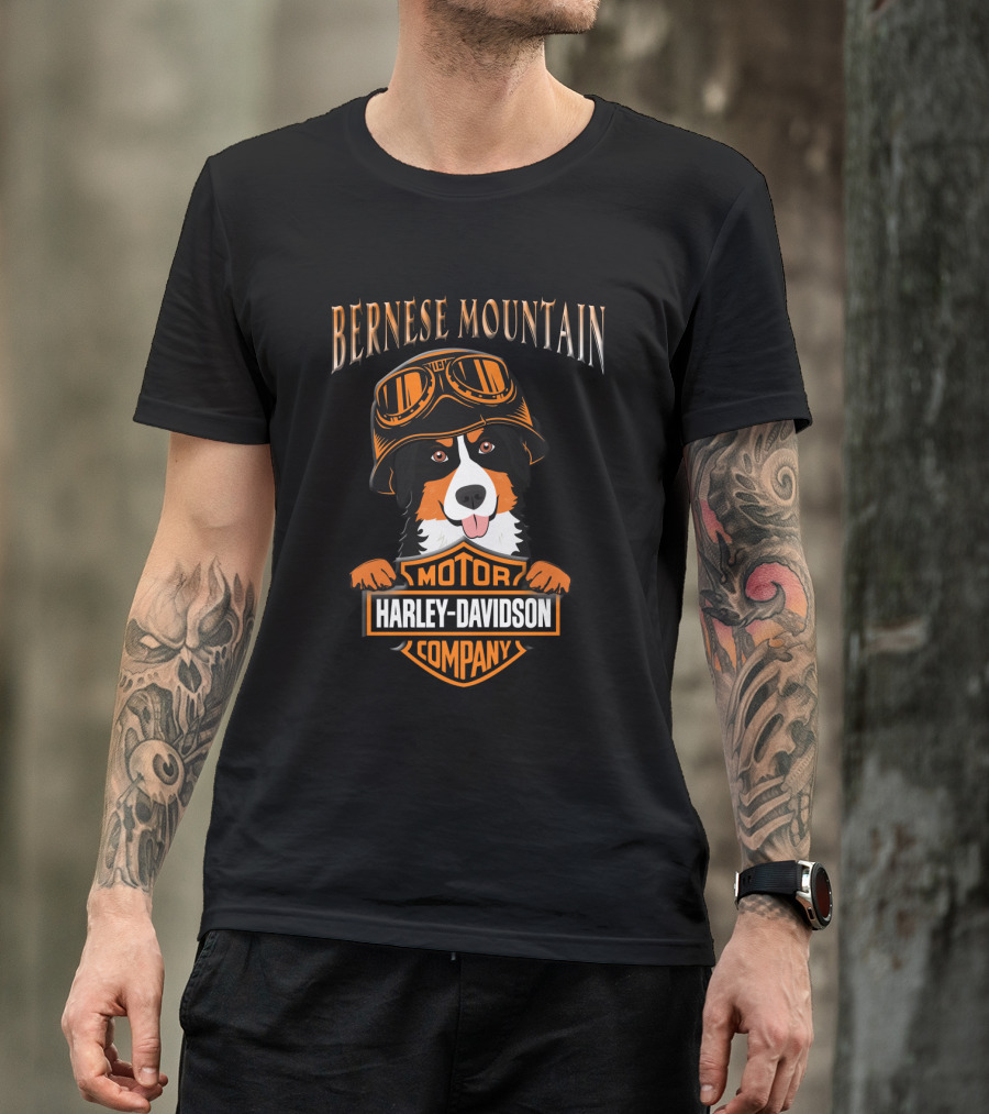 Bernese Mountain Harley Davidson Motorcycle Company Dog With Goggles T-Shirt