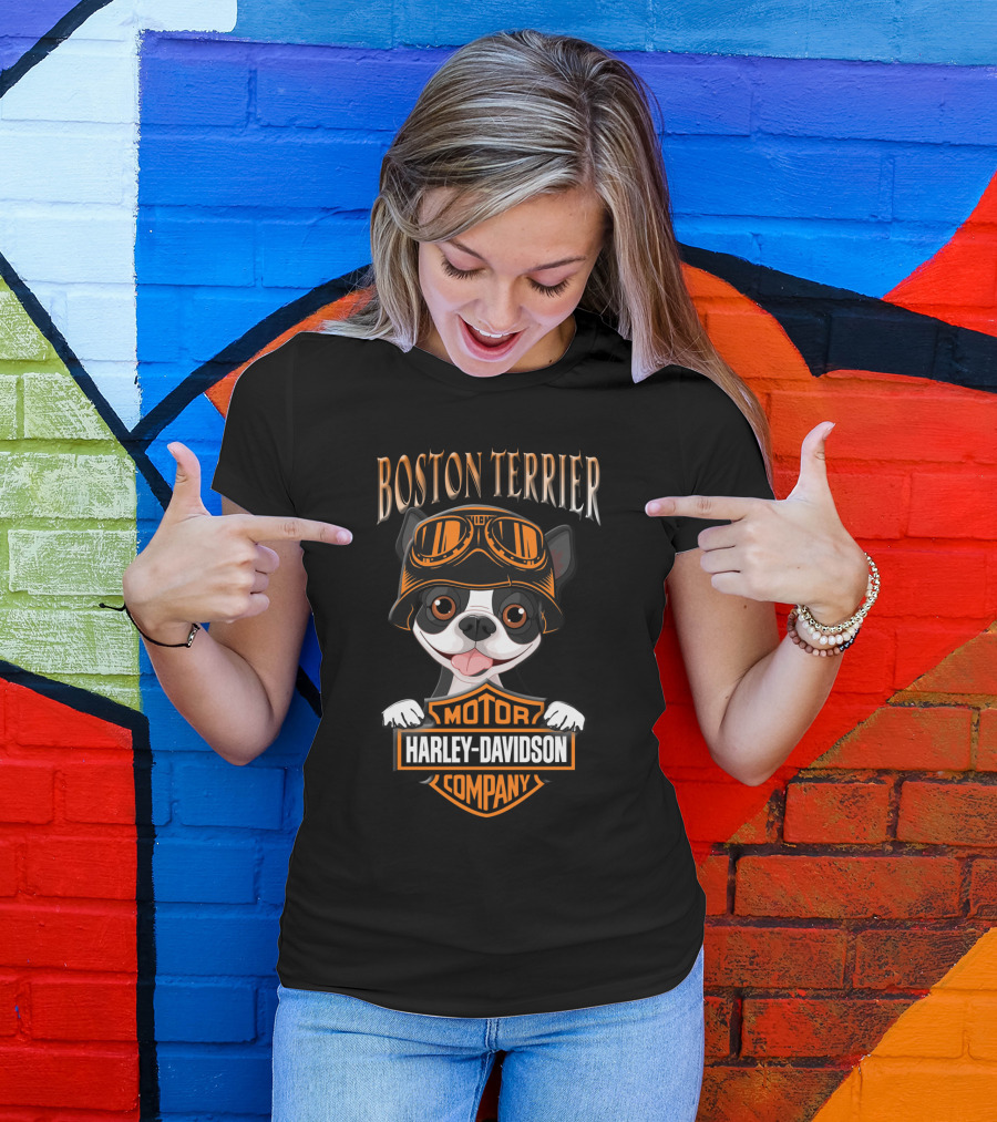 Boston Terrier Harley Davidson Motor Company Dog With Goggles T-Shirt