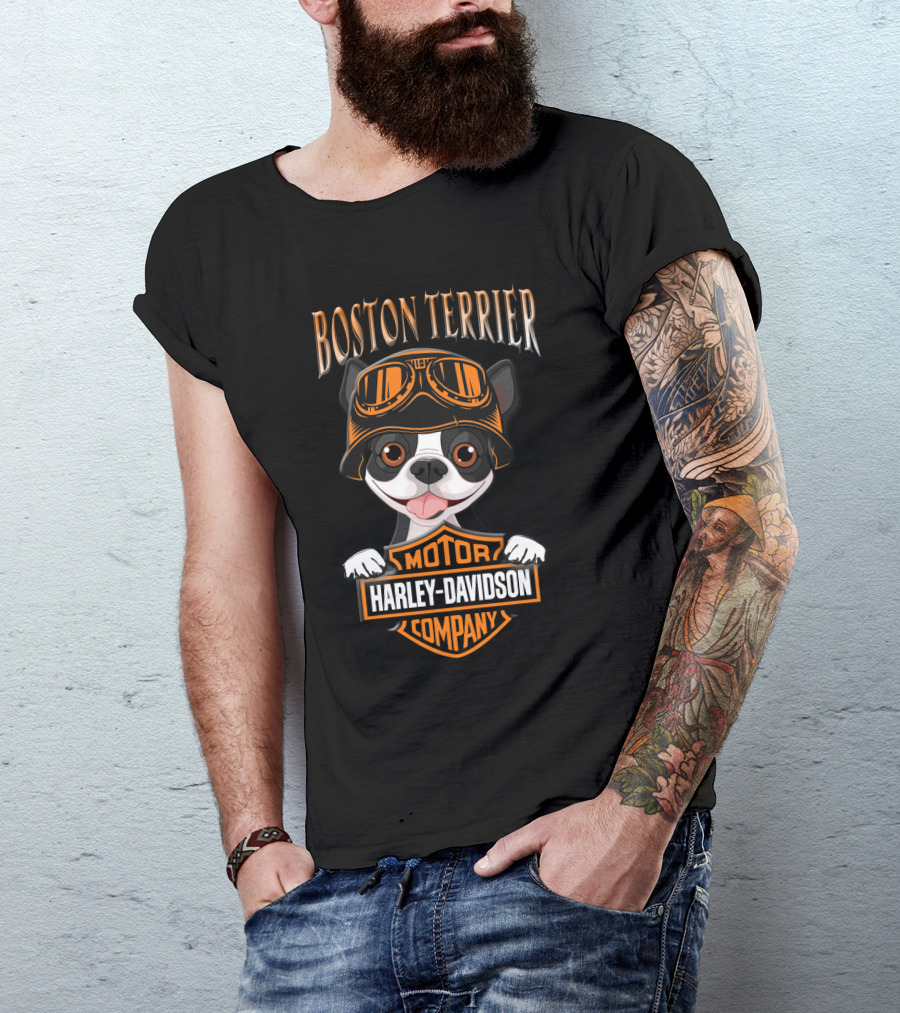 Boston Terrier Harley Davidson Motor Company Dog With Goggles T-Shirt