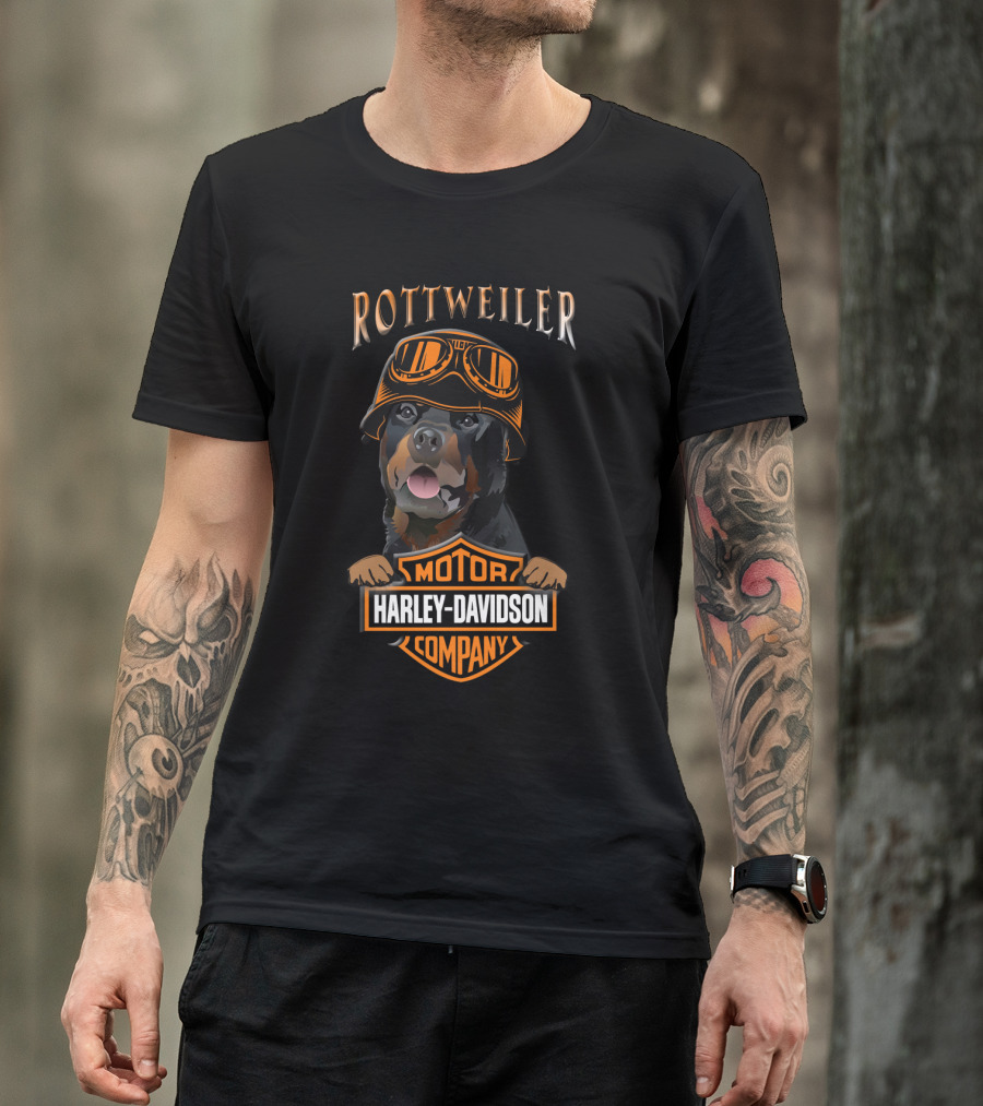 Rottweilers Harley Davidson Motorcycle Company Logo With Helmeted Dog T-Shirt