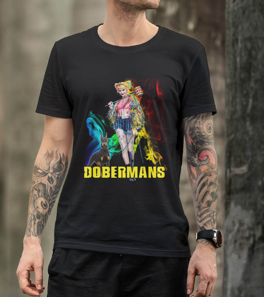 Harley Quinn Dobermans Colorful Character With Mallet And Dog T-Shirt