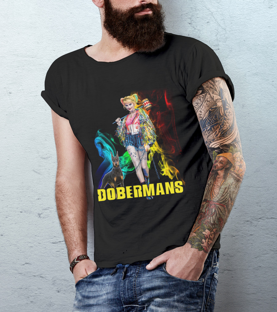 Harley Quinn Dobermans Colorful Character With Mallet And Dog T-Shirt