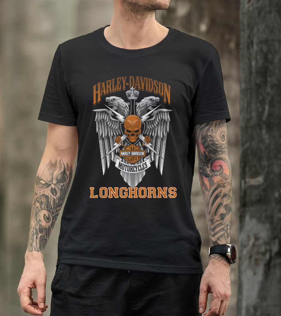 Harley Davidson Motorcycles Texas Longhorns Skull Winged T-Shirt