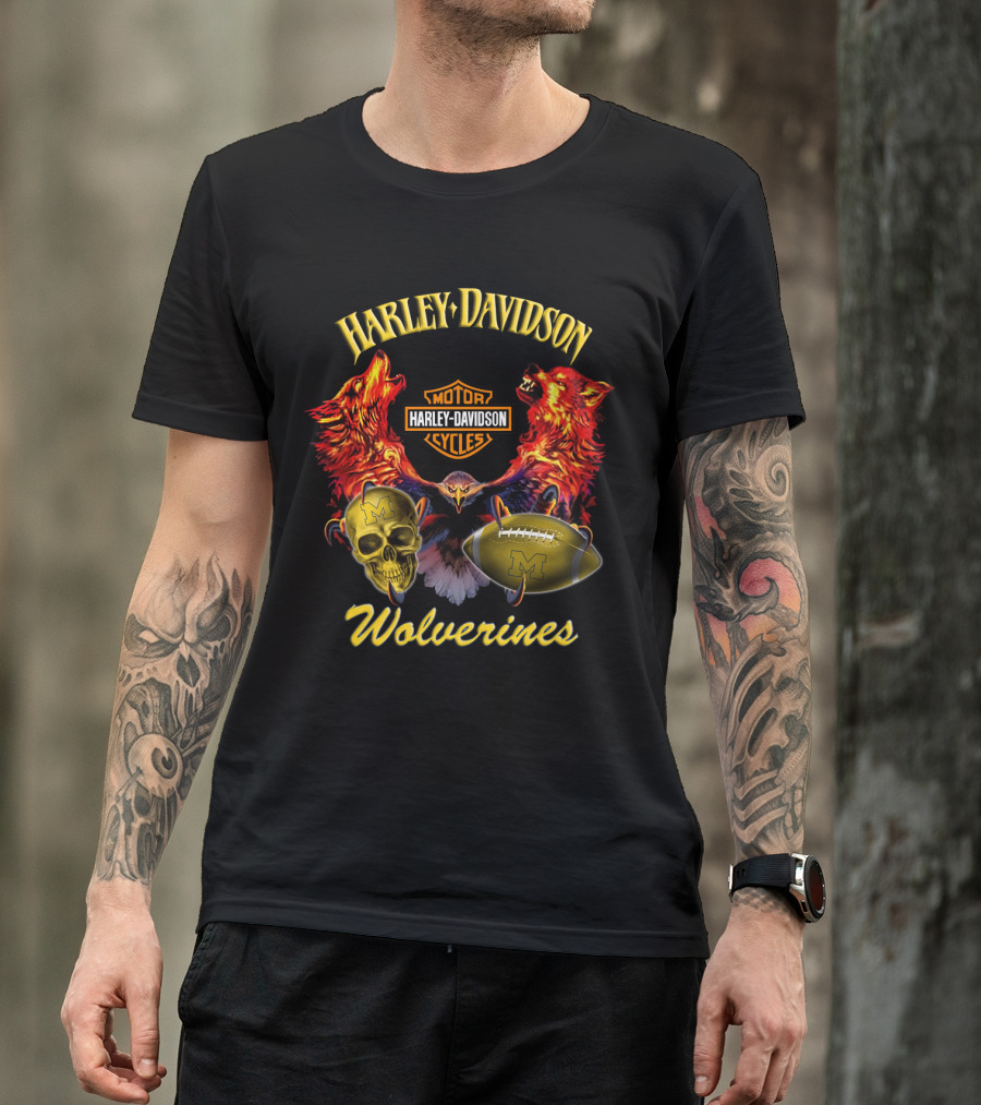 Harley Davidson Motorcycles Wolverines Football Skull T-Shirt