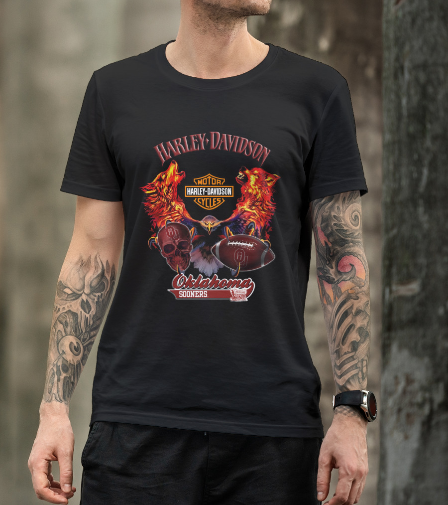 Harley Davidson Oklahoma Sooners Wolves Eagle Skull Football T-Shirt