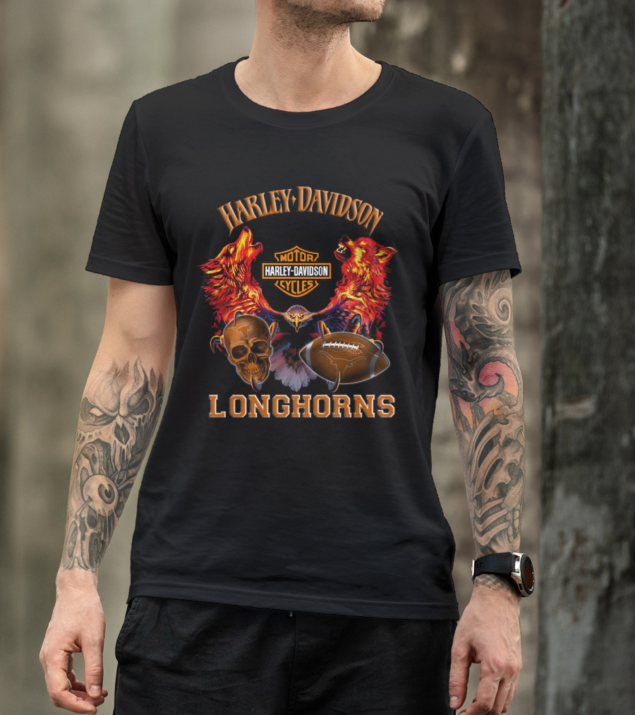 Harley Davidson Longhorns Texas Football Wolves Skull And Motorcycle T-Shirt