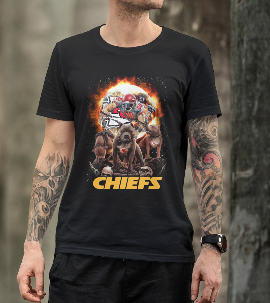 Chiefs Football Player With Dogs And Fiery T-Shirt
