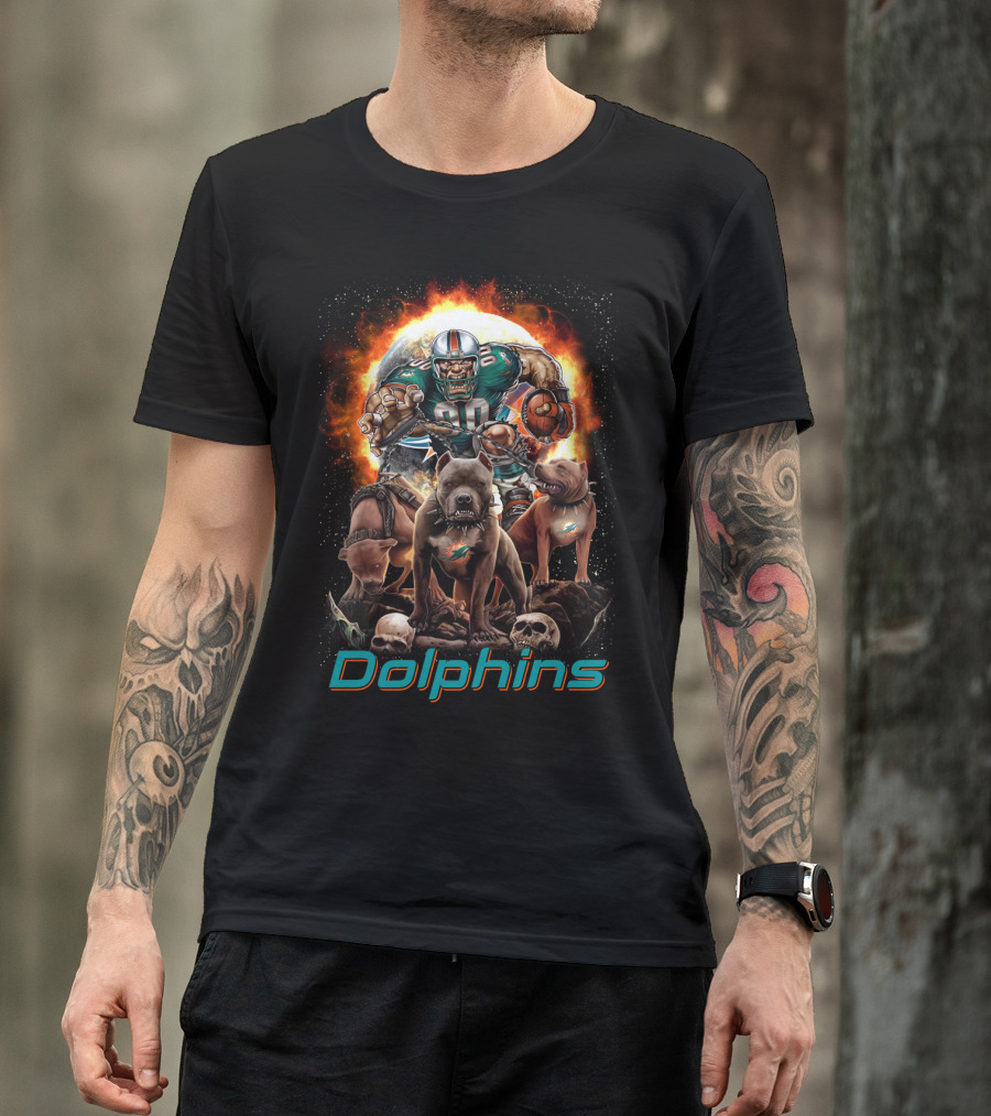 Miami Dolphins Dh 49 Md Comic Style Power Play With Dogs And Football T-Shirt