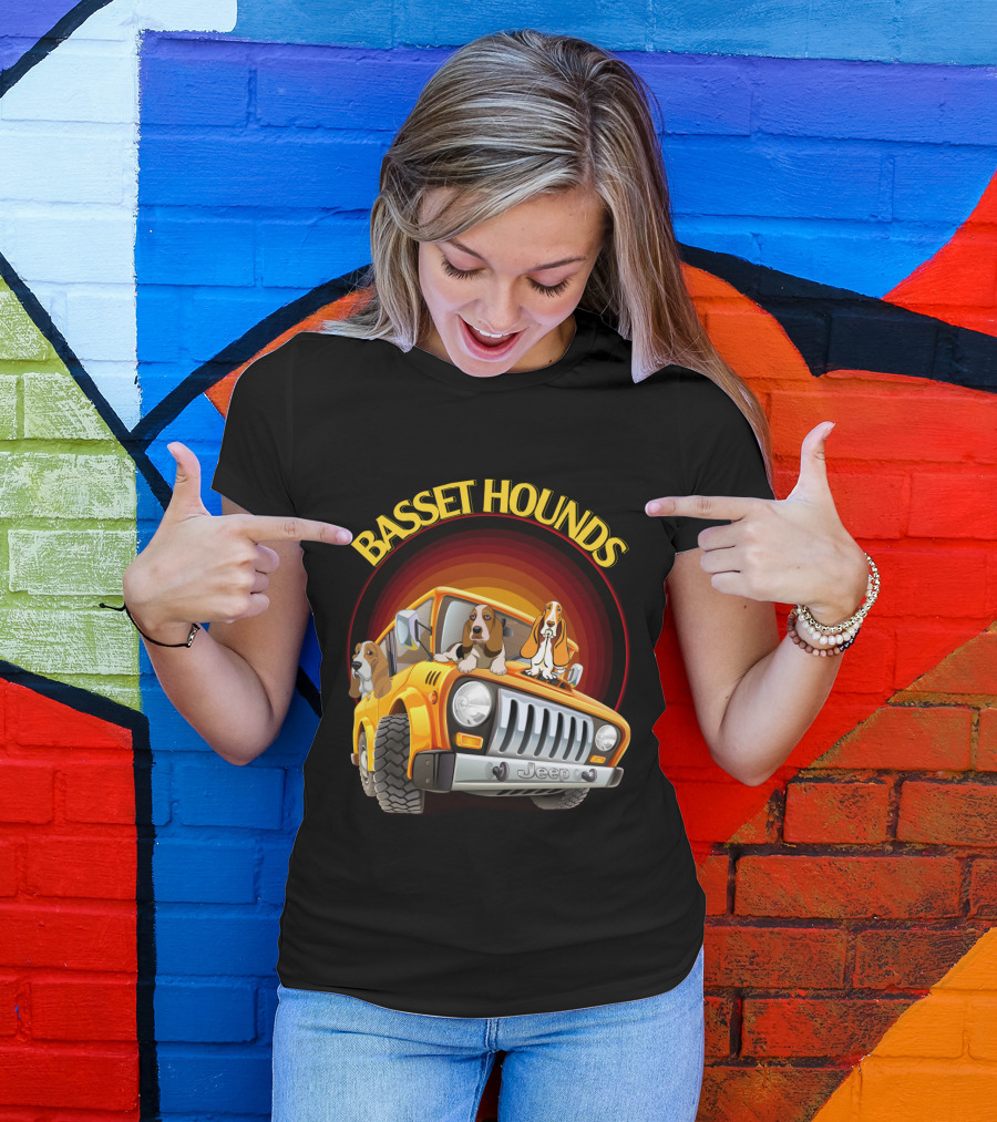 Basset Hounds Jeep Adventure With Dh 51 Basset Hounds Car T-Shirt