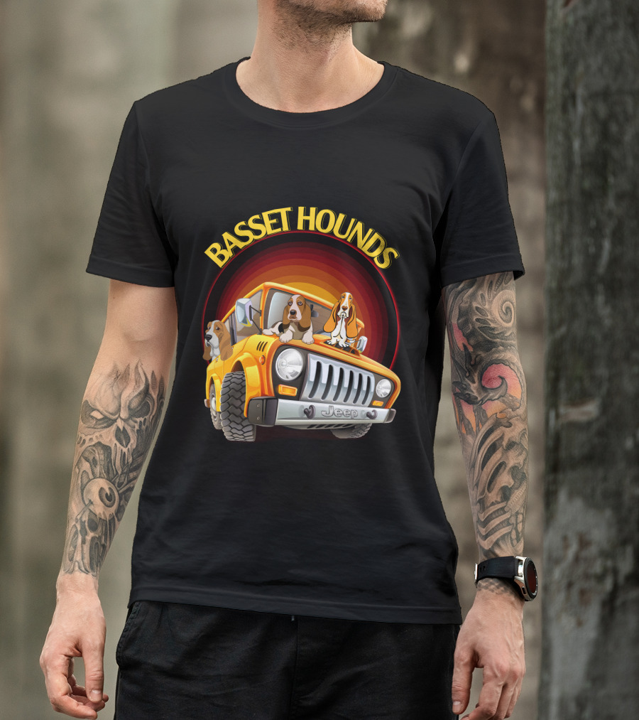 Basset Hounds Jeep Adventure With Dh 51 Basset Hounds Car T-Shirt