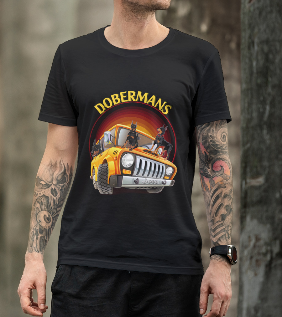 Dobermans Riding Yellow Jeep Adventure T-Shirt