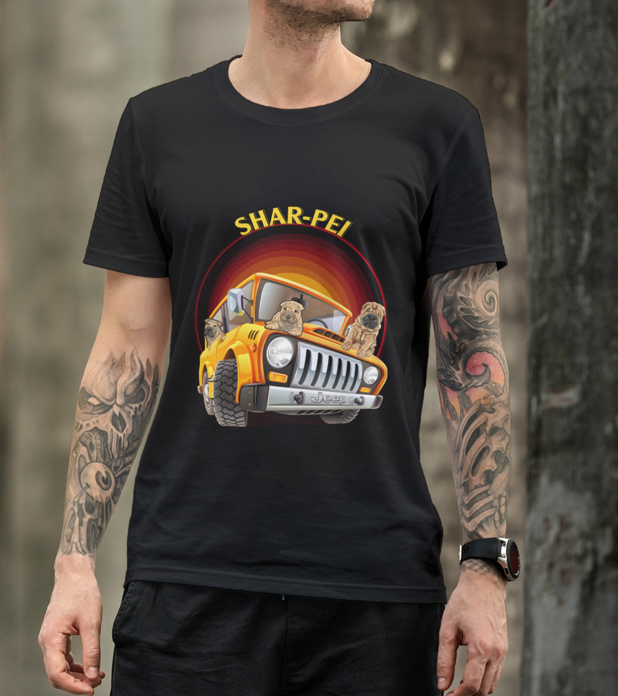 Shar-Pei Jeep Orange With Three Puppies T-Shirt