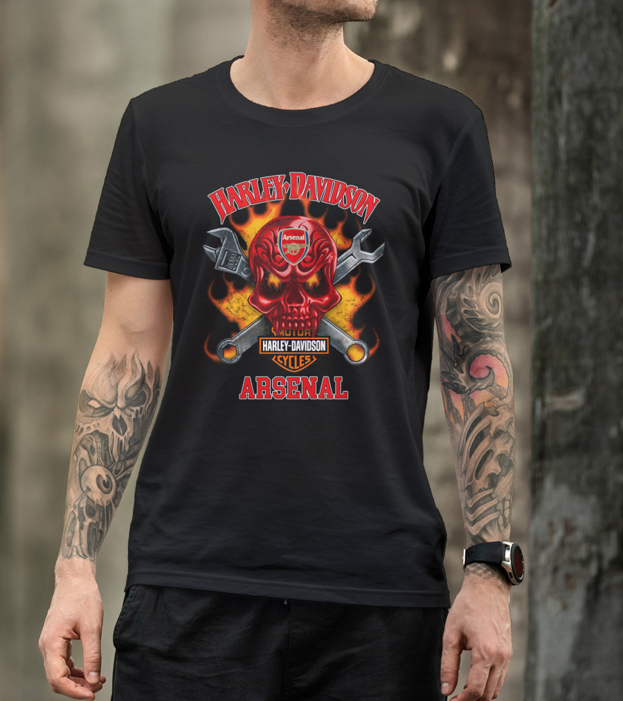 Harley Davidson Motor Cycles Arsenal Skull Wrench Flame T-Shirt