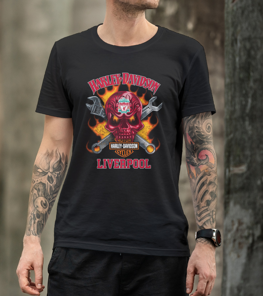 Harley Davidson Motorcycle Cycles Liverpool Skull Wrench Flames T-Shirt
