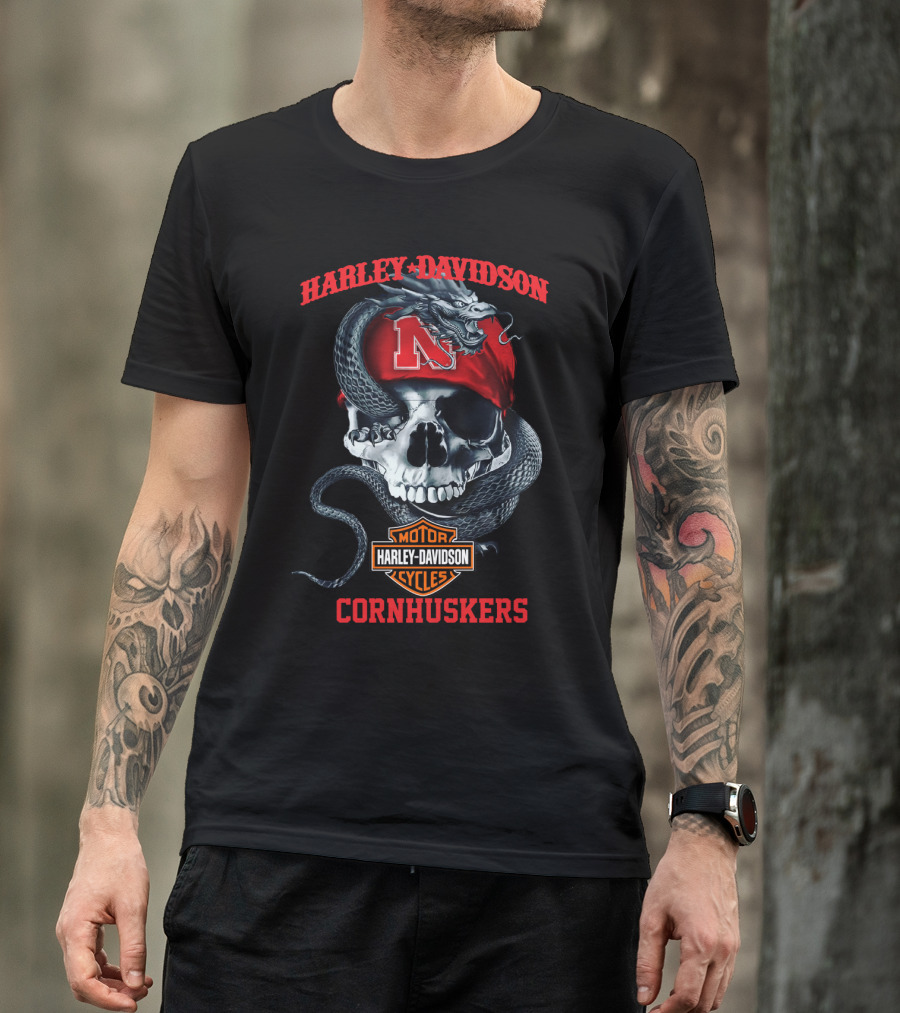 Harley Davidson Cornhuskers Skull Snake Nebraska N T-Shirt