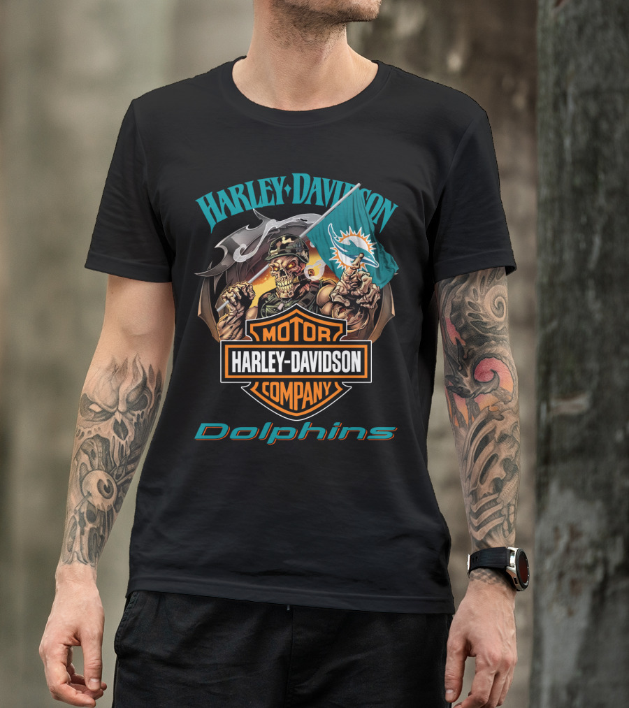 Harley Davidson Miami Dolphins Skeleton Holding Flag T-Shirt