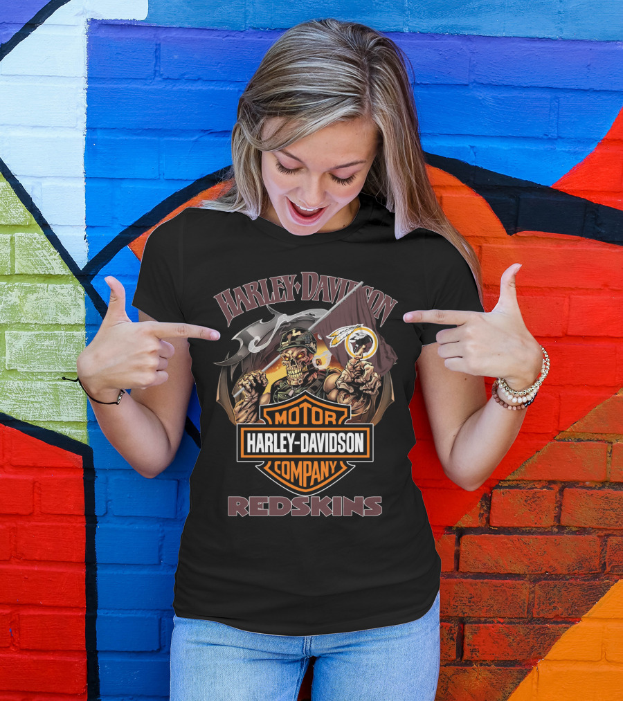 Harley Davidson Redskins Skeleton Holding Flag T-Shirt