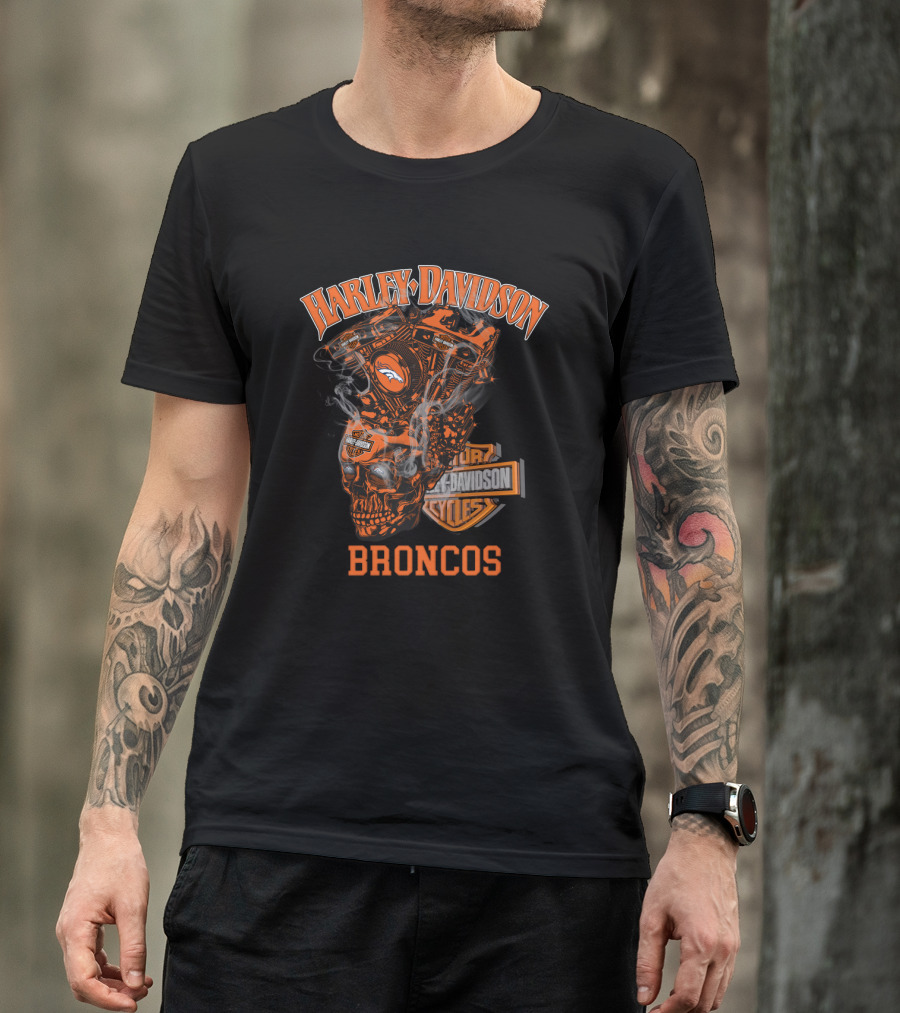 Harley Davidson Broncos Denver Broncos Motorcycle Engine Skull T-Shirt