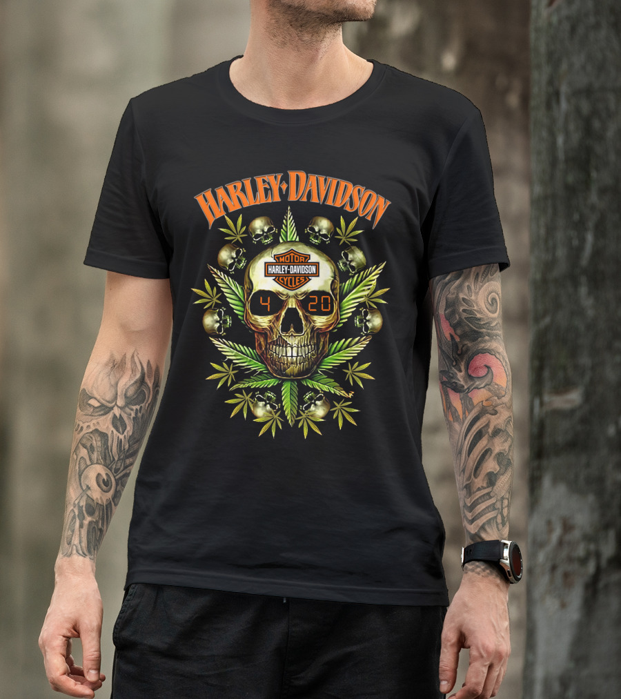 Harley Davidson Skull 420 Motor Cycles Leaf Skulls T-Shirt