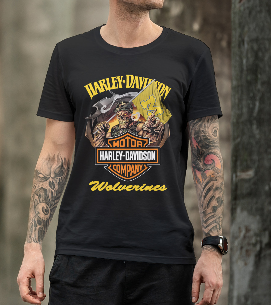 Harley Davidson Motor Company Michigan Wolverines 69 Flag Skeleton T-Shirt