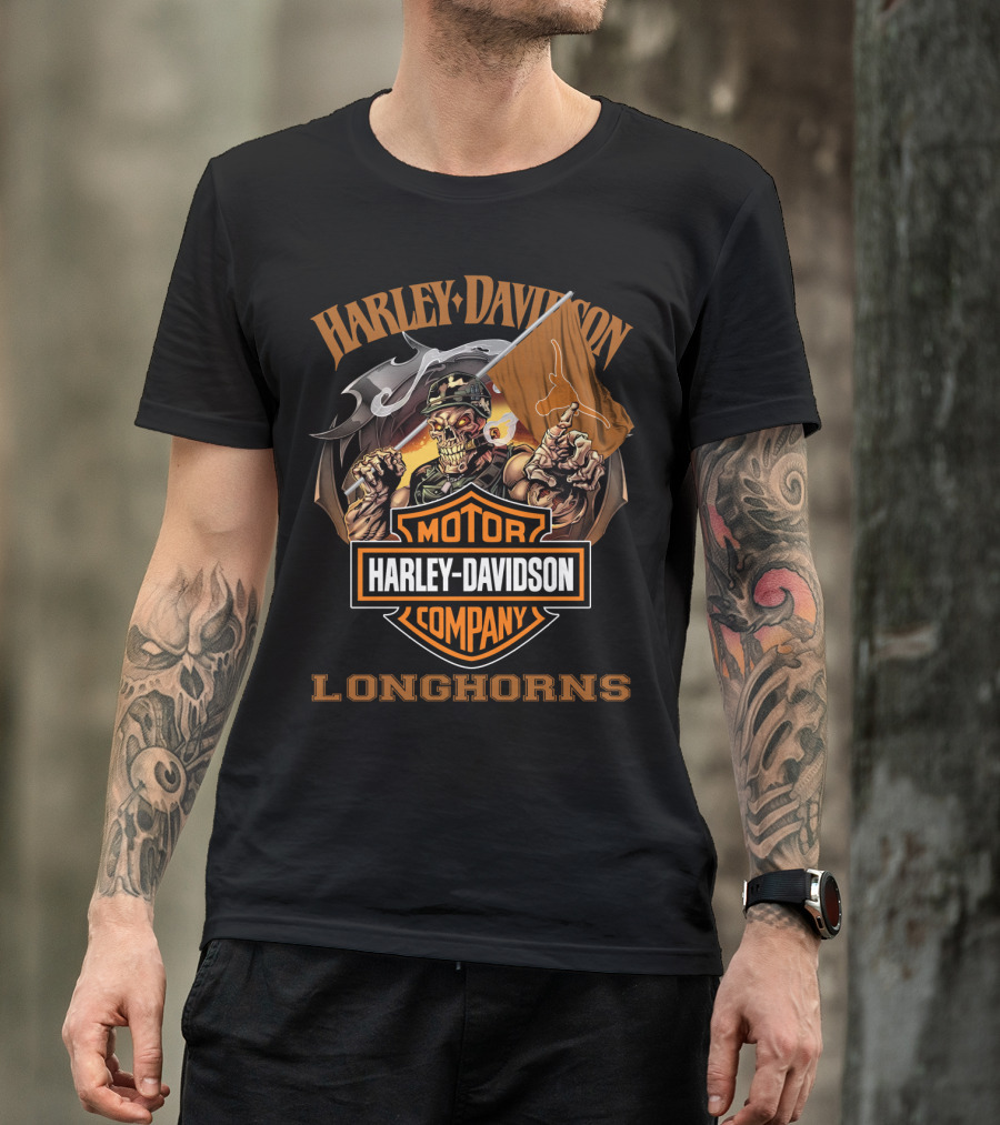 Harley Davidson Longhorns Skeleton With Flag Motor Company T-Shirt