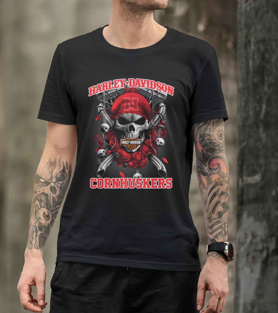 Harley Davidson Nebraska Cornhuskers Skull And Roses T-Shirt
