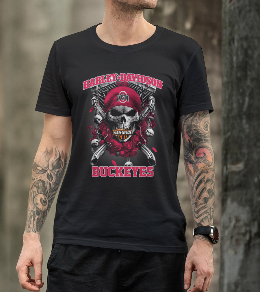 Harley Davidson Ohio State Buckeyes Skull Roses Motorcycles T-Shirt