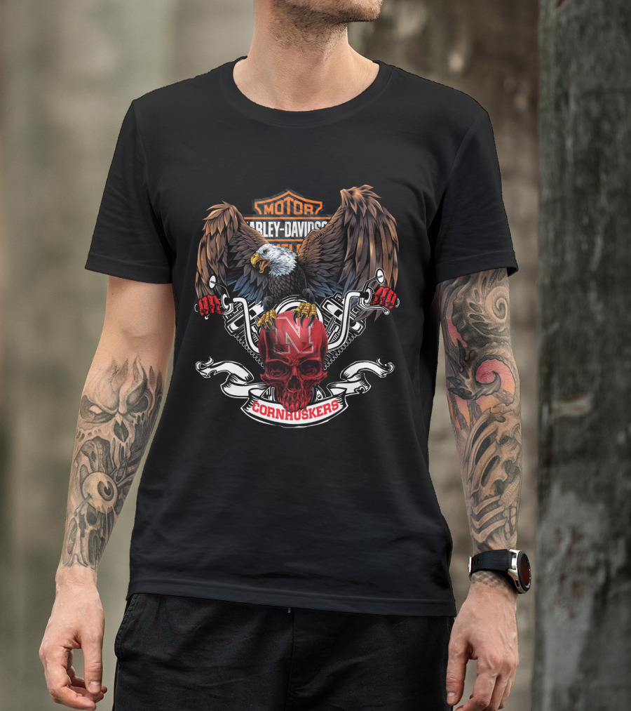 Harley Davidson Eagle Skull Nebraska Cornhuskers T-Shirt