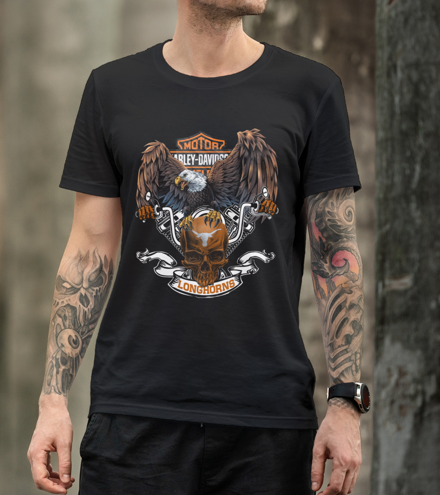 Motor Harley Davidson Cycles Texas Longhorns Eagle Skull T-Shirt