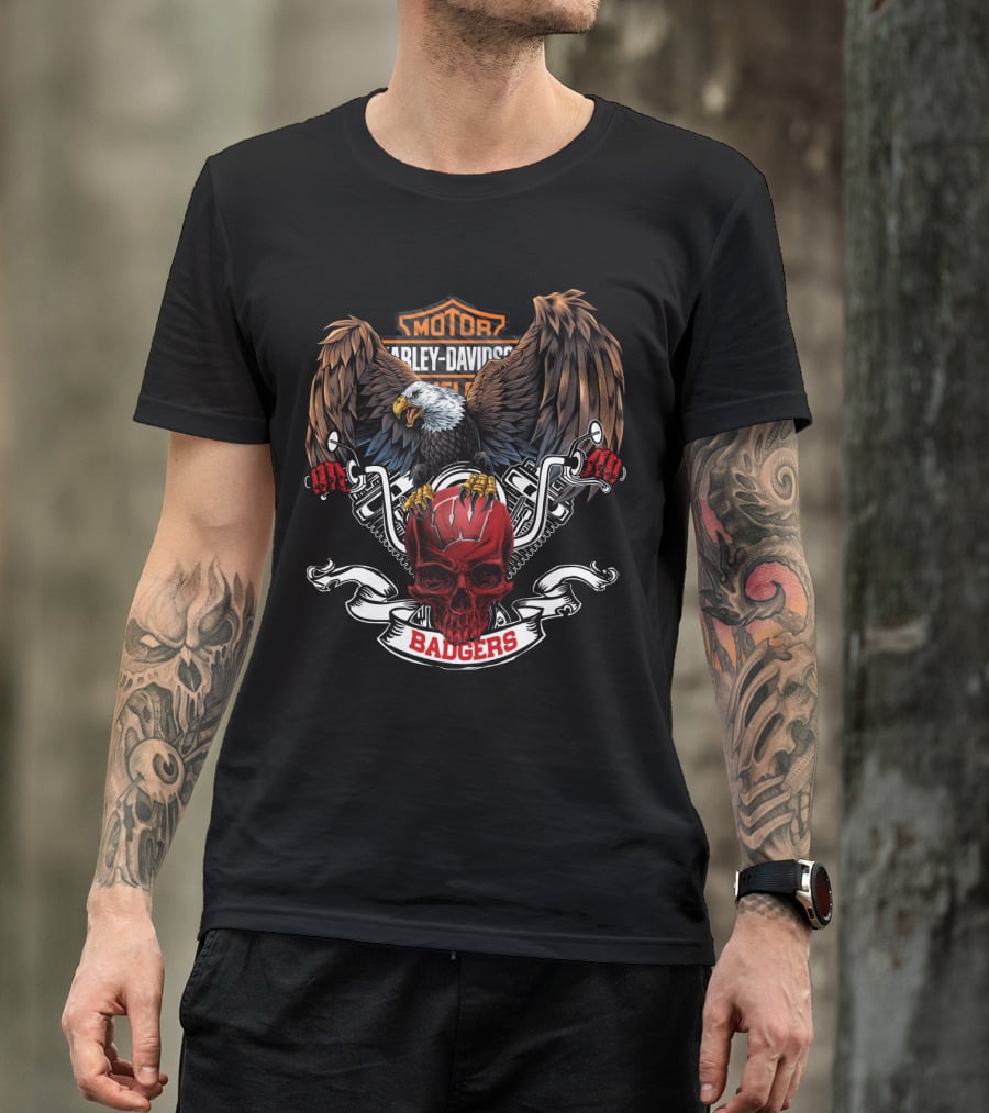 Harley Davidson Wisconsin Badgers Skull Eagle Motorcycle T-Shirt