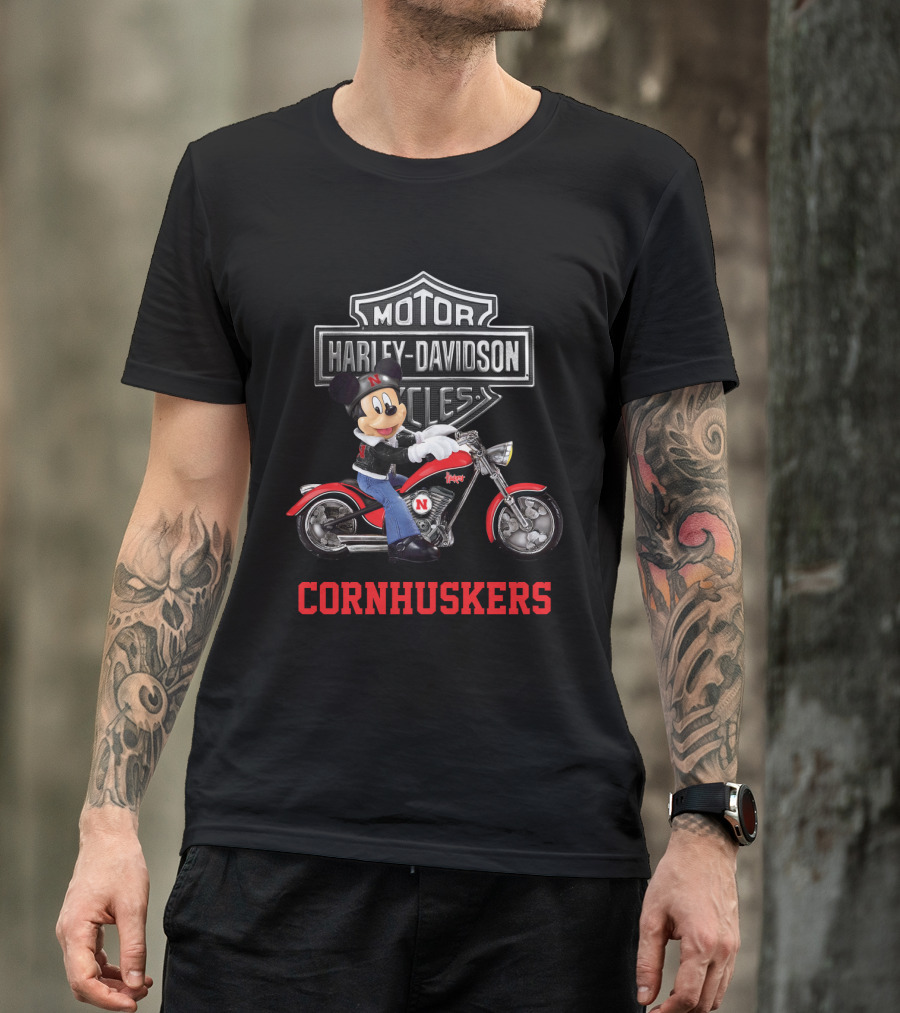Harley Davidson Motorcycles Nebraska Cornhuskers Mickey Mouse T-Shirt