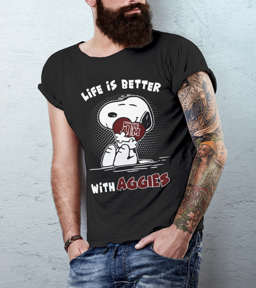 Life Is Better With Aggies Texas A&M Snoopy Hugging Football T-Shirt