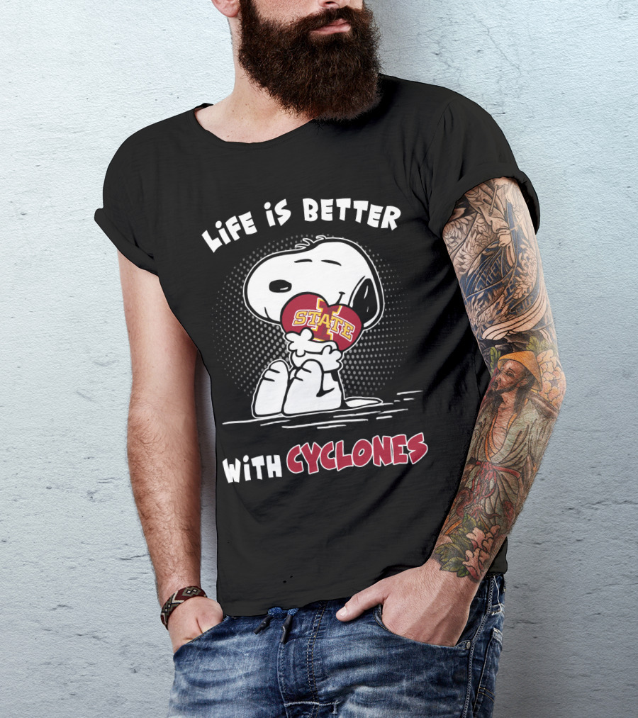 Life Is Better With Cyclones Iowa State Snoopy Hugging Football T-Shirt