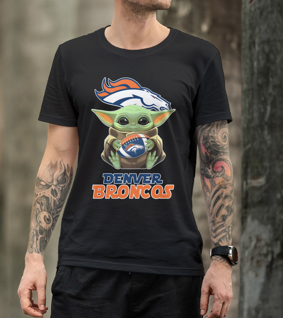 Denver Broncos Grogu Holding Football T-Shirt