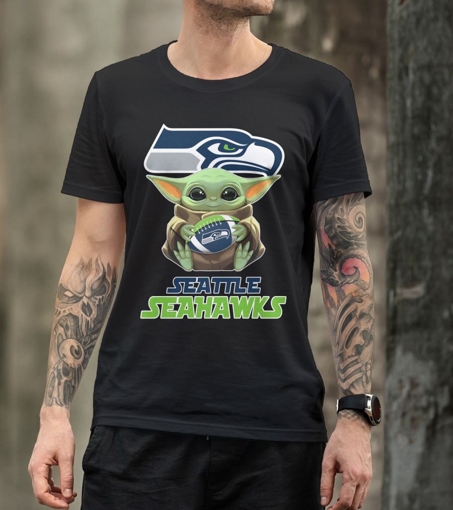 Seattle Seahawks Baby Yoda Holding Football Fan T-Shirt