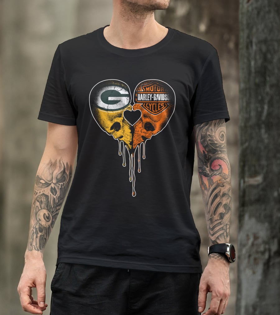 Green Bay Packers Harley Davidson Heart Skulls T-Shirt
