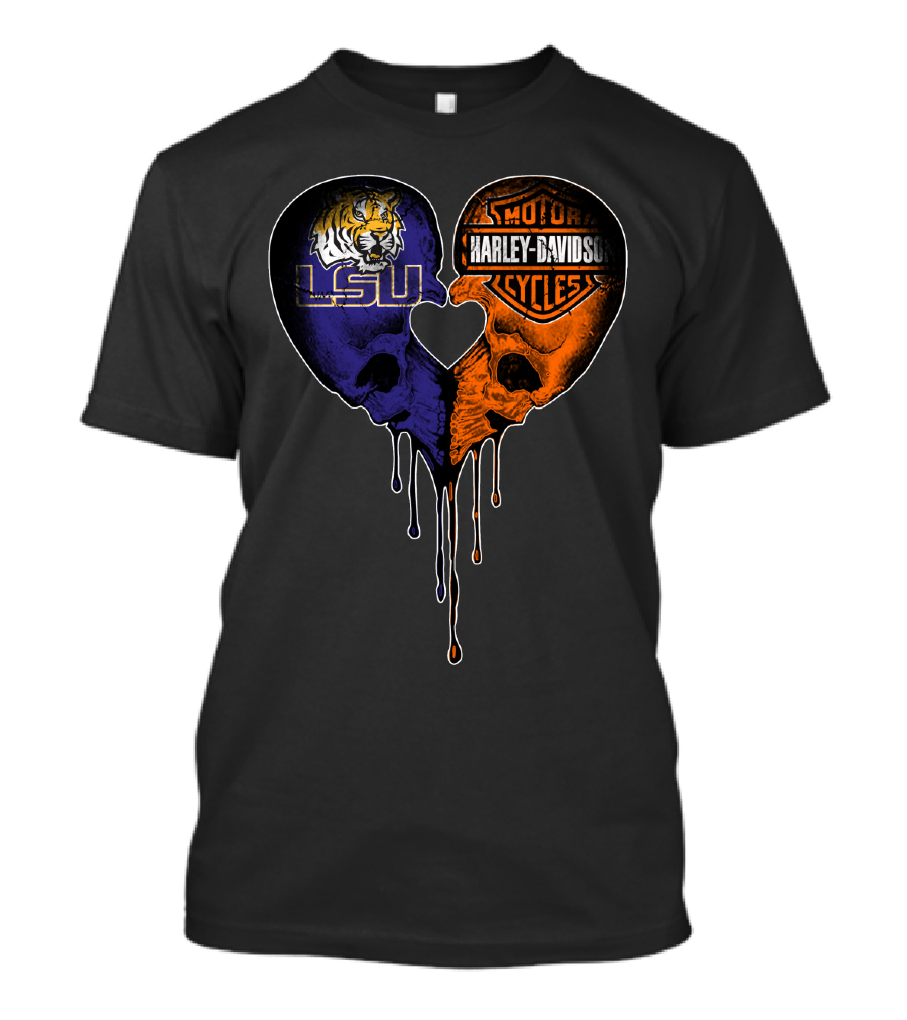 Lsu Tigers And Harley Davidson Heart Skull Fusion T-Shirt