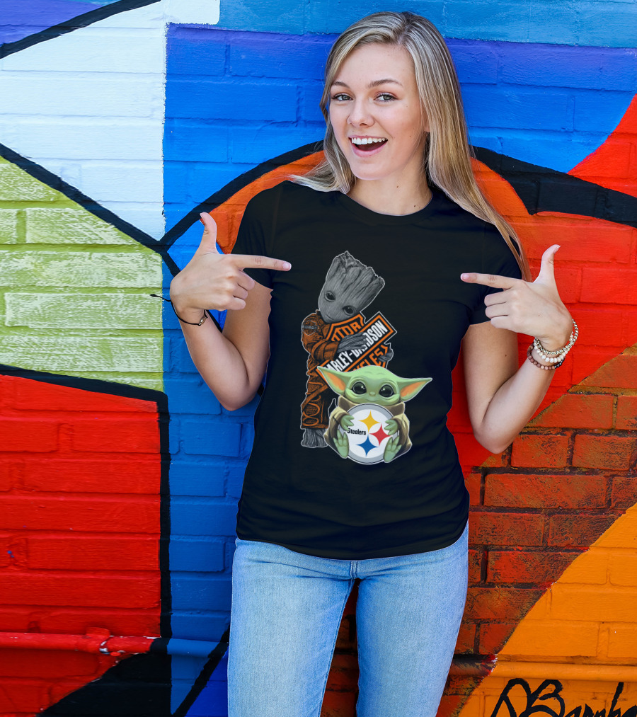 Baby Yoda And Groot Harley Davidson Steelers Crossover T-Shirt