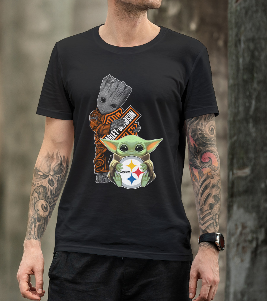 Baby Yoda And Groot Harley Davidson Steelers Crossover T-Shirt