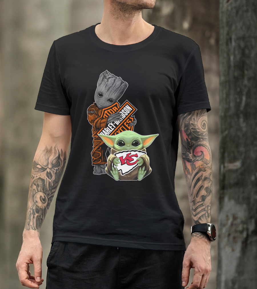 Harley Davidson Groot With Kansas City Chiefs Baby Yoda T-Shirt
